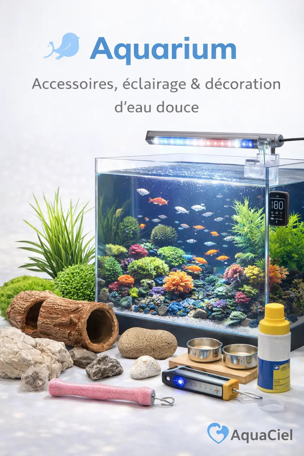 Aquarium d'eau douce AquaCiel avec éclairage LED, décorations naturelles et accessoires