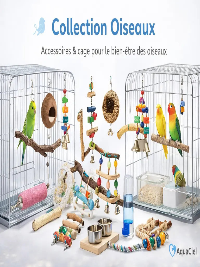 Cages à oiseaux AquaCiel avec perruches, jouets colorés et accessoires bien-être