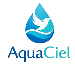 Logo AquaCiel avec goutte d'eau bleue et oiseau stylisé, boutique aquariums et oiseaux.